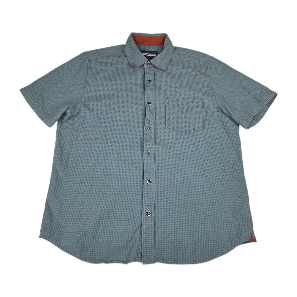 32 Bar Blues Shirt Men's Large Dobby Texture Button Up Shirt Aqua Orange Dot VTG